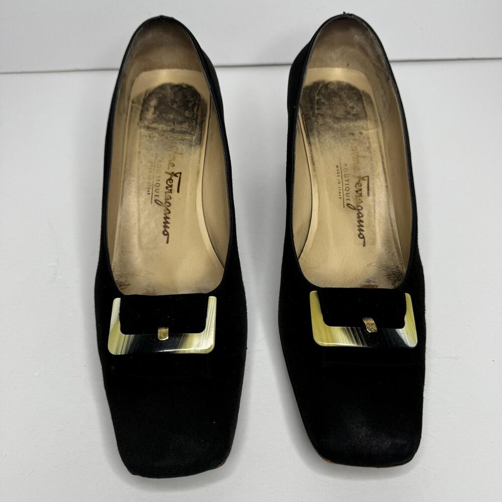 Vintage Salvatore Ferragamo Shoes Womens Size 8.5 Black Suede Heel Pumps Italy - Picture 2 of 10